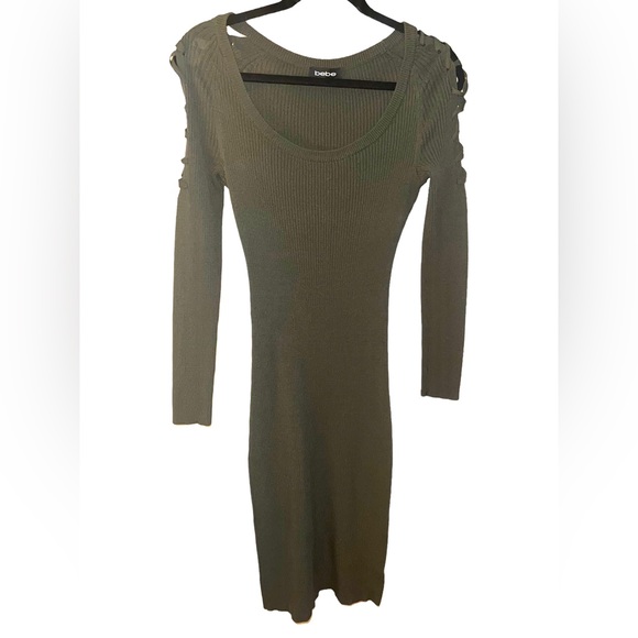 BEBE Green Midi Stretchy Bodycon Lace Up Long Sleeve Dress - Picture 2 of 4